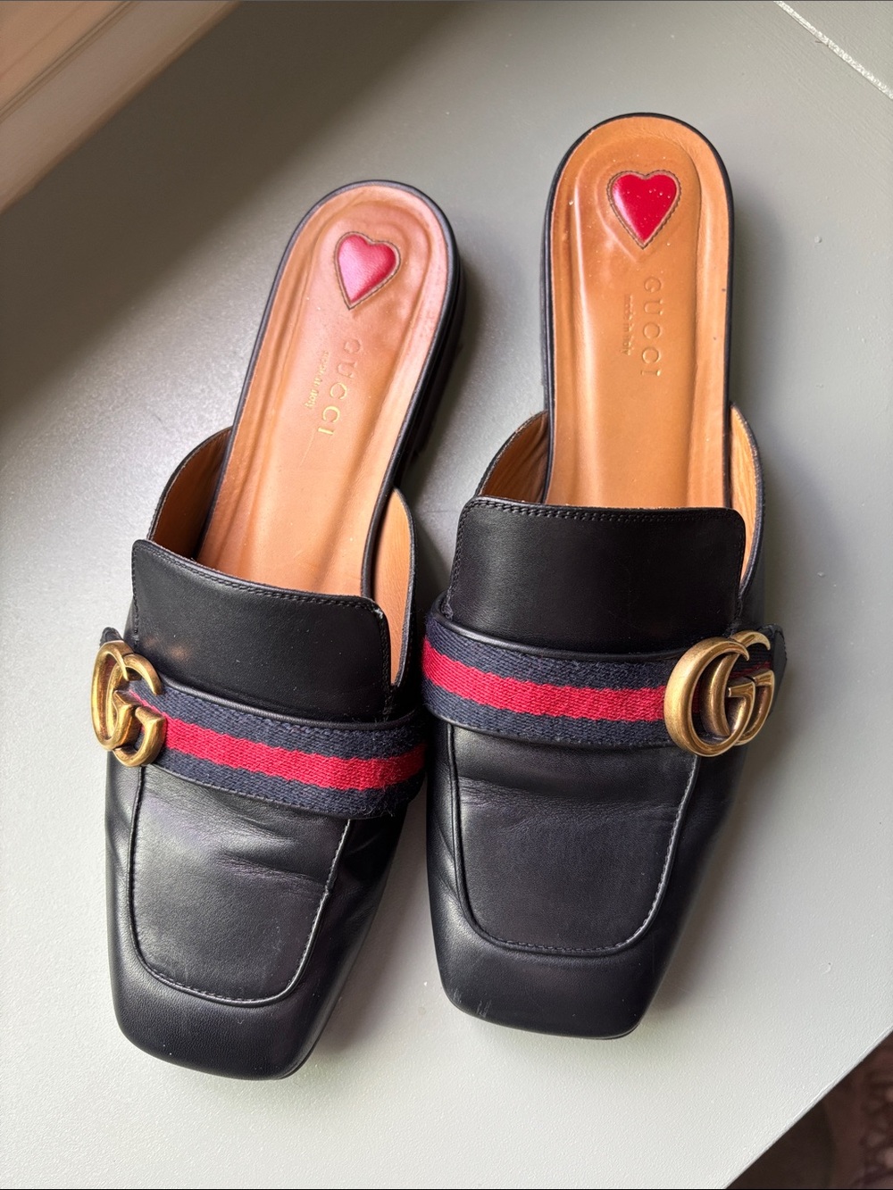 Gucci Peyton Black Leather Mules with Red & Navy Web and Gold Double G